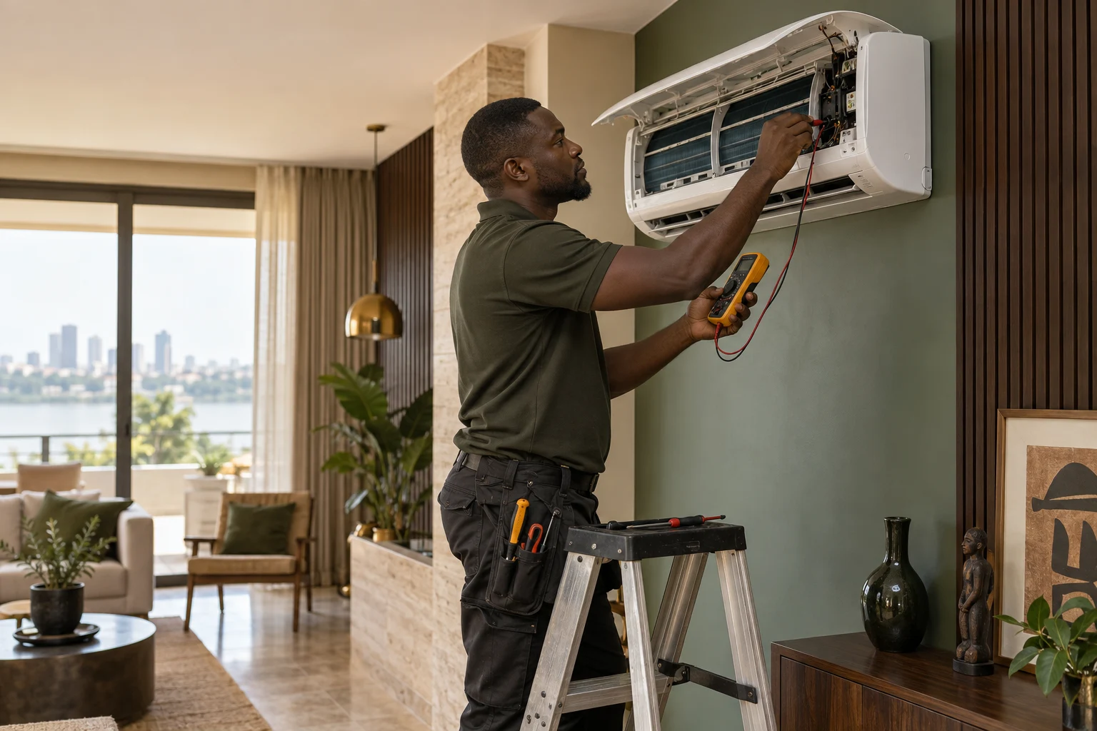 Illustration d’un technicien contrôlant un climatiseur avec un appareil de mesure
